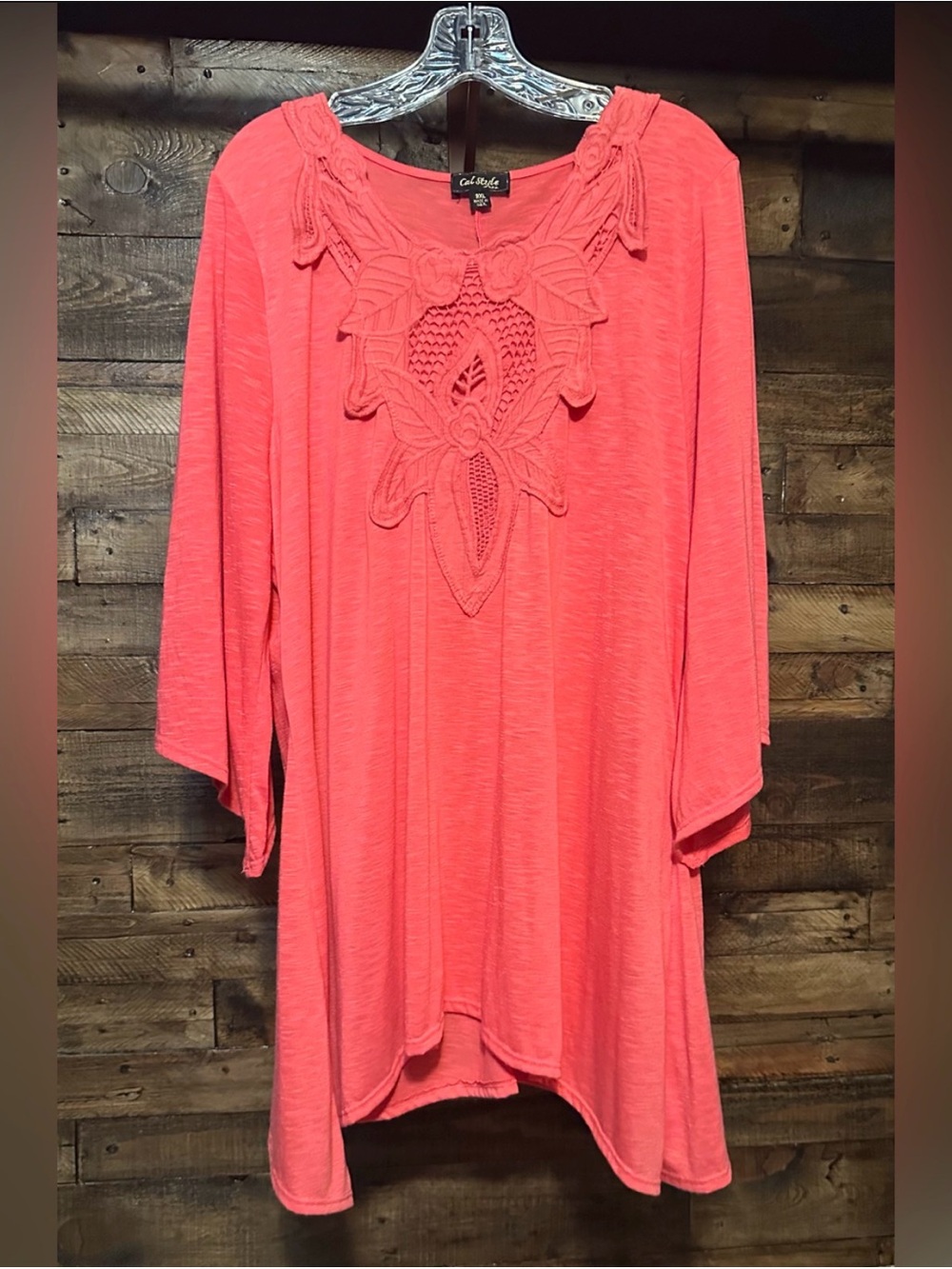 Cal Style USA Coral Pink Crochet Lace Bib Slub Knit Tunic Top